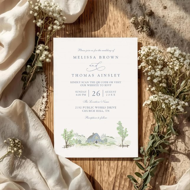 Convites Casamento Código QR Rústico Campo Celeiro Azul (Criador carregado)