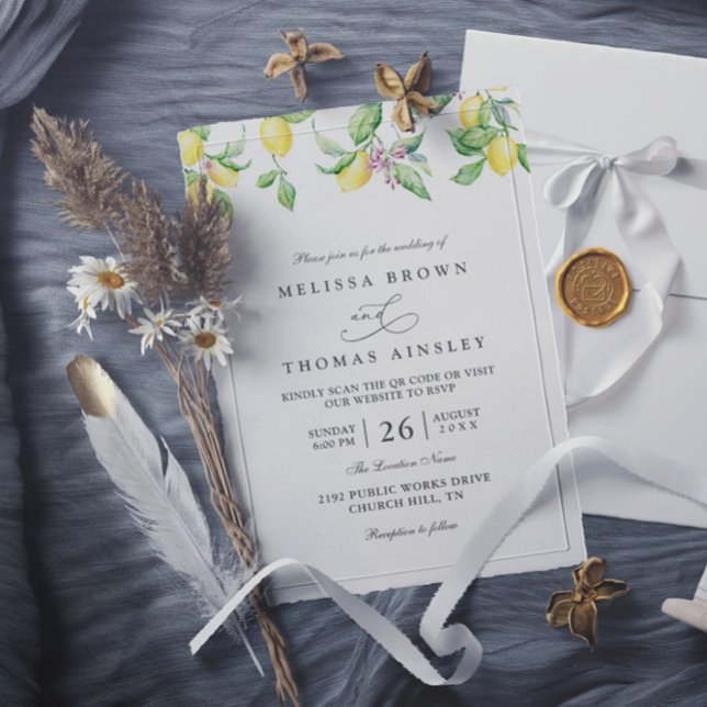 Convites Casamento Código QR Rústico Elegante Limões & Flor (Criador carregado)