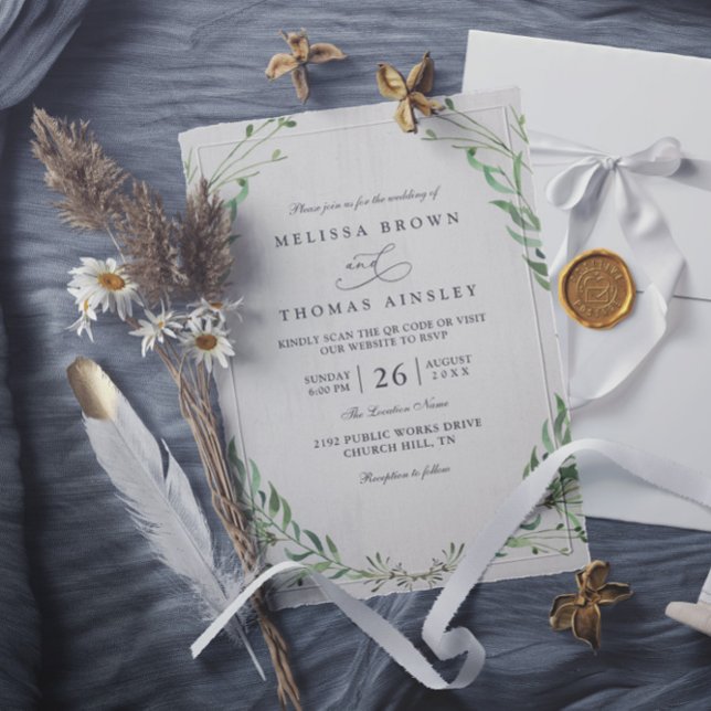 Convites Casamento Código QR Rústico Elegante Vegetação Nat (Criador carregado)
