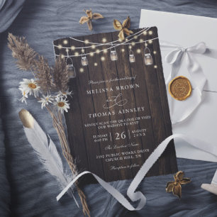 Convites Casamento Código QR Rústico em Madeira e Luzes Cou
