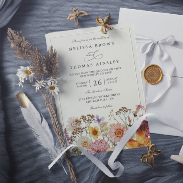 Convites Casamento Código QR Rústico Flor Silvestre Boêmio  (Criador carregado)