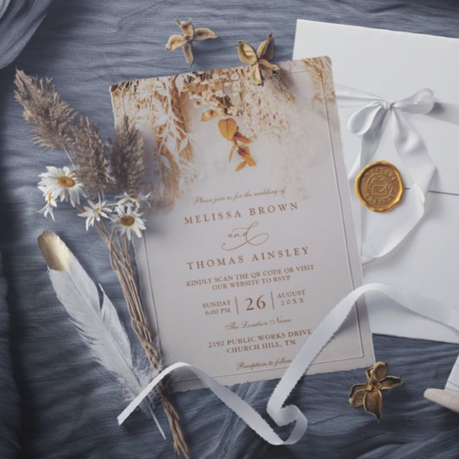 Convites Casamento Código QR Rústico Flores de Outono Boho  (Criador carregado)