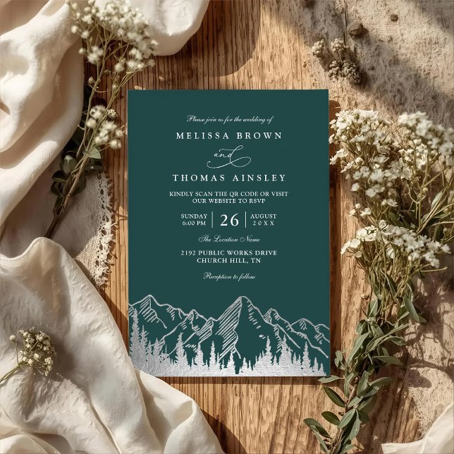 Convites Casamento Código QR Rústico Pinheiro Floresta Mont (Criador carregado)