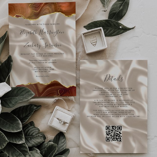 Convites Casamento Código QR Seda Marfim Ágata Dourado Lara (Criador carregado)