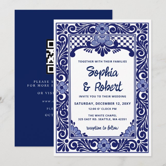 Convites Casamento Código QR Talavera Azul Mexicano (Frente/Verso)