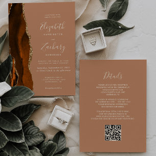 Convites Casamento Código QR Terracota Ouro Laranja Queimad