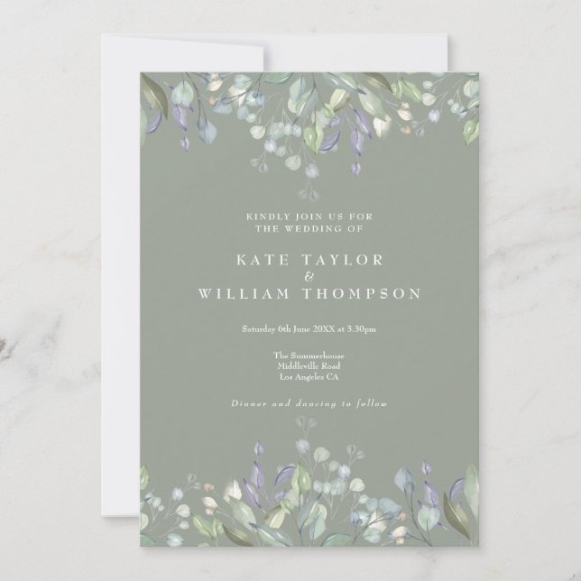 Convites Casamento Código QR Verde Floral Lilás Sage (Frente)