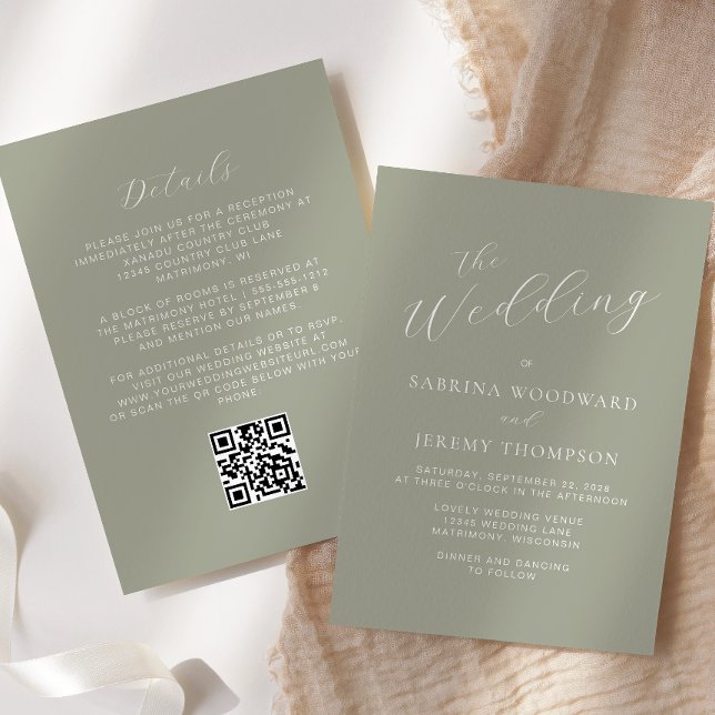 Convites Casamento Código QR Verde Sage Caligrafia Elegante (Criador carregado)