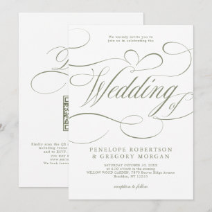 Convites Casamento código QR verde Sage caligrafia moderna