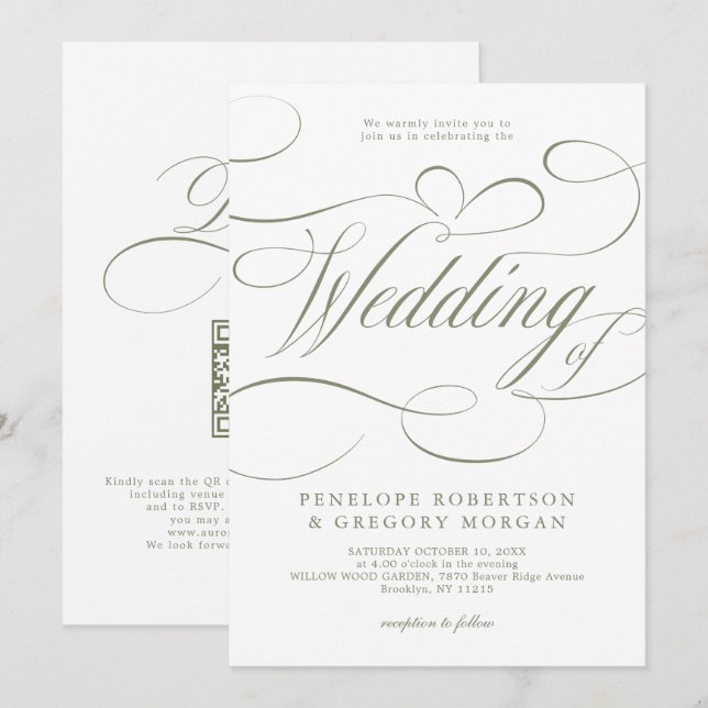 Convites Casamento código QR verde Sage caligrafia moderna (Frente/Verso)