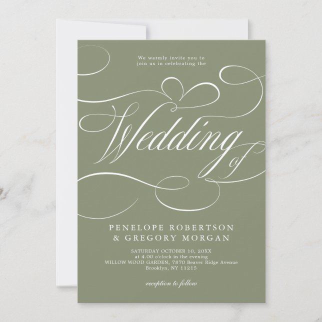 Convites Casamento código QR verde Sage caligrafia moderna (Frente)