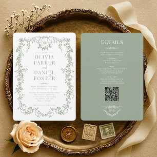 Convites Casamento Código QR Verde Sage Vitoriano Elegante