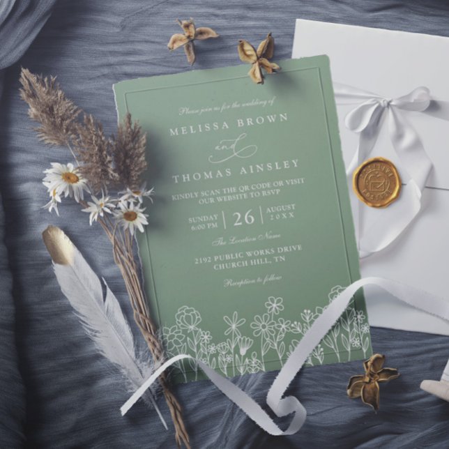 Convites Casamento Código QR Verde Salvia Boho Flor Silvest (Criador carregado)