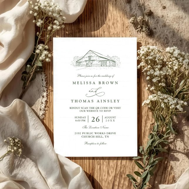 Convites Casamento Código QR Verde Sálvia Celeiro Rústico A (Criador carregado)