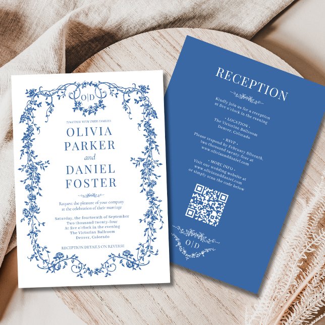 Convites Casamento Código QR Vitoriano Azul Real Tudo em Um (Criador carregado)