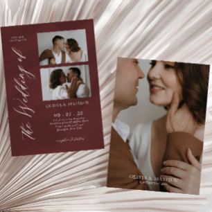 Convites Casamento Colagem de Fotos em Script Burgundy Mal-