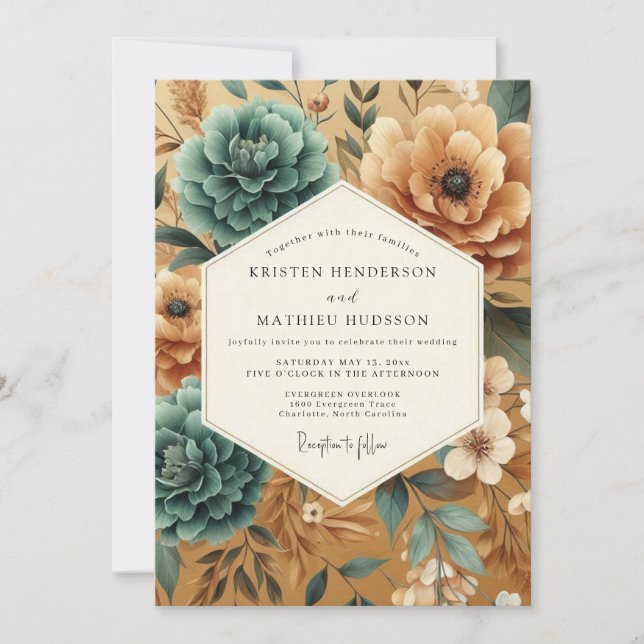 Convites Casamento Colheita Azul-Verde Ócre (Frente)
