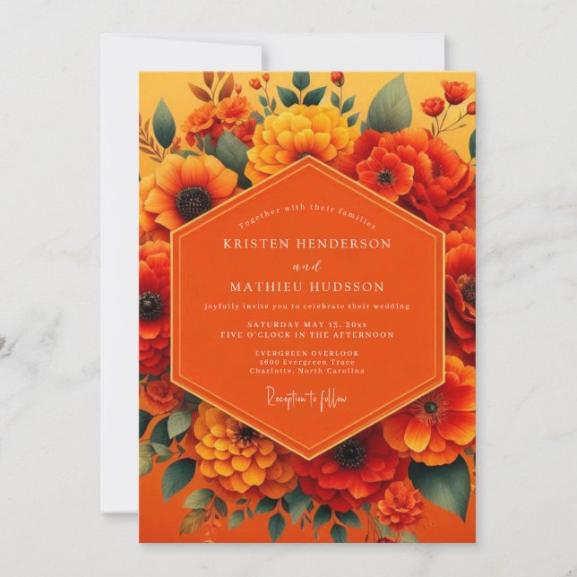 Convites Casamento Colheita Vibrante de Marigold (Frente)