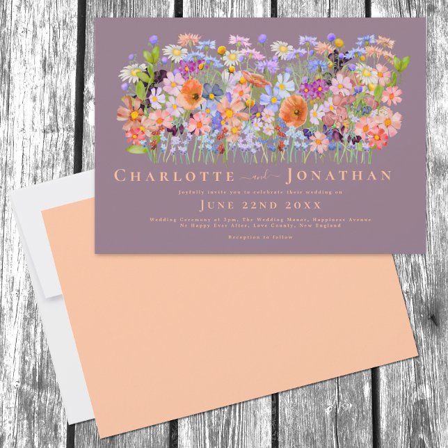 Convites Casamento Colorido Boho Chic de Flores Silvestres (Colorful Wildflower Boho Chic peach Wedding invitation with elegant typography script)