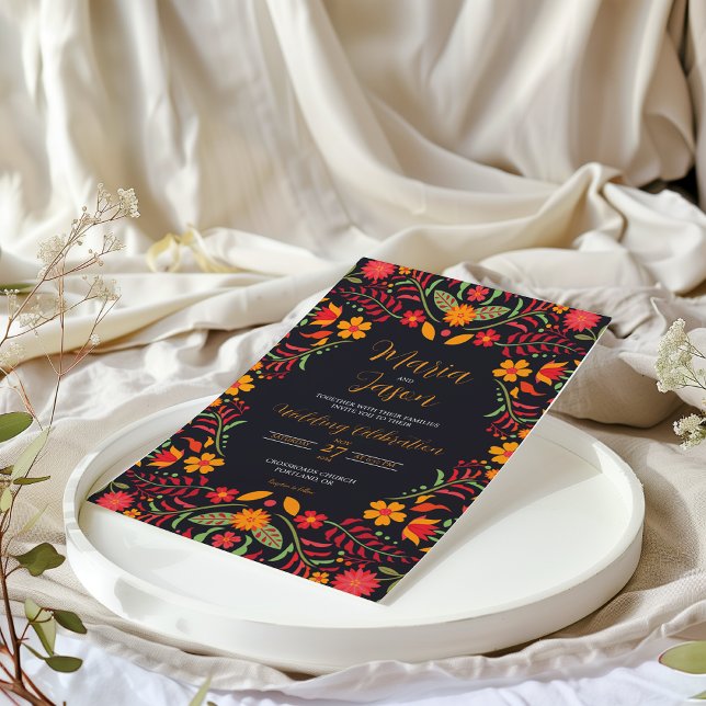 Convites Casamento Colorido de Boda Fiesta, Preto Mexicano (Mexican Black Floral Boda Fiesta Colorful Wedding Invitation)