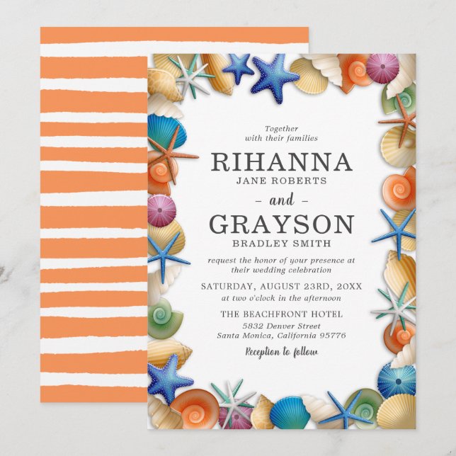 Convites Casamento Colorido de Conchas de Praia (Frente/Verso)