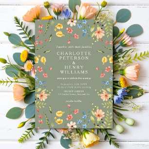 Convites Casamento Colorido de Flores Selvagens Sage Green 