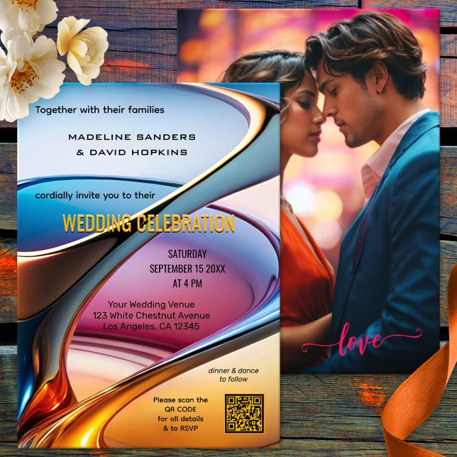 Convites Casamento Colorido de Fotografias com Abstrato Mod (Elegant modern photo wedding invitation featuring a colorful abstract art design - with QR code)