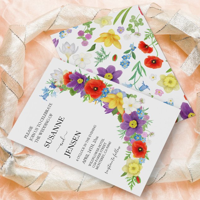 Convites Casamento Colorido de primavera Branca de Prado de (Wildflower Meadow Colorful White Spring Wedding Invitation)