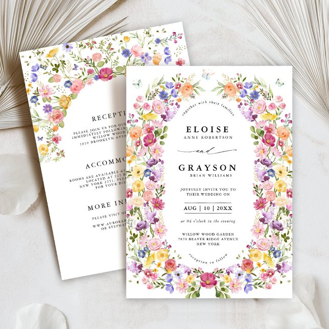 Convites Casamento Colorido de Primavera Wildflower Meadow  (Colorful Spring Wildflower Meadow Garden all in one Wedding Invitation with details on back)