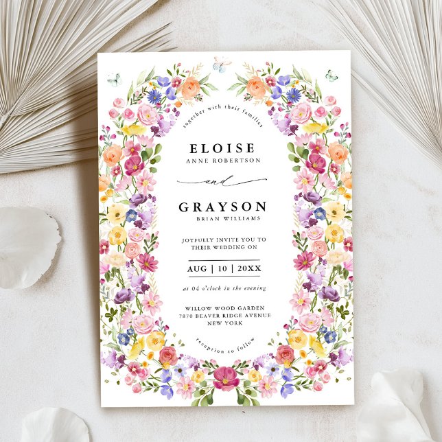 Convites Casamento Colorido de Primavera Wildflower Meadow  (Colorful Spring Wildflower Meadow Garden Wedding Invitation)