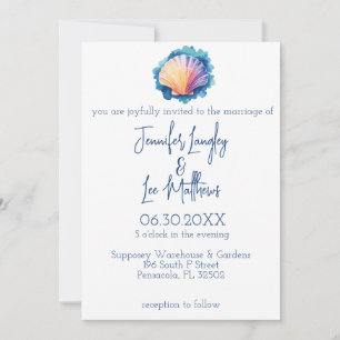 Convites Casamento Colorido de Scallop Seashell de Aquarela