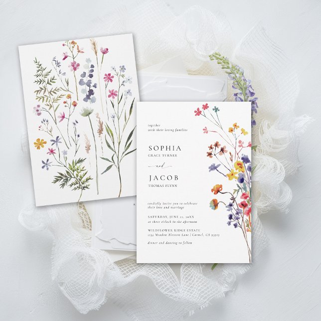 Convites Casamento Colorido Feliz dos Buquês Selvagens (wildflower wedding theme colorful frame invitation garden outdoors meadow forest spring summer fall)