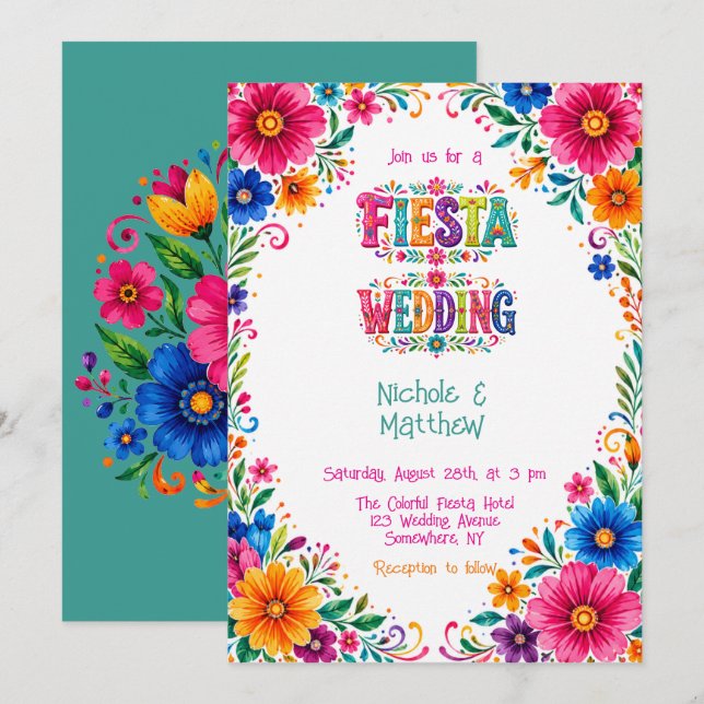 Convites Casamento Colorido Floral Fiesta Mexicano (Frente/Verso)