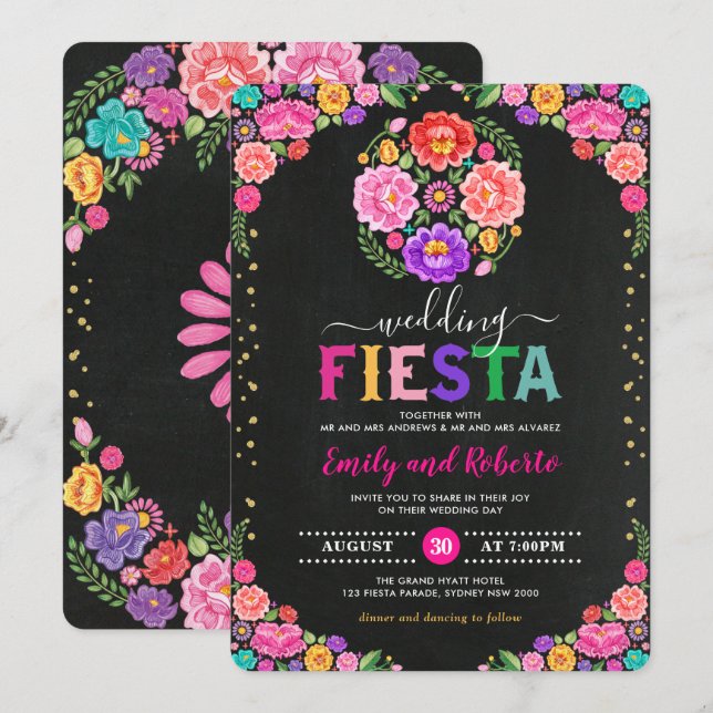Convites Casamento Colorido Floral Fiesta Mexicano Chalkboa (Frente/Verso)