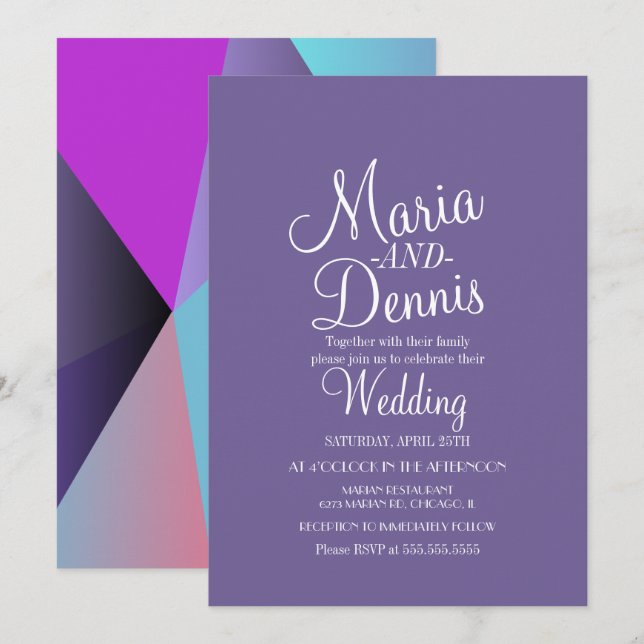 Convites Casamento Colorido Geométrico Roxo Moderno (Frente/Verso)