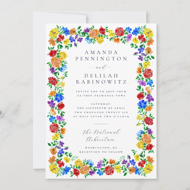 Convites Casamento Colorido Primavera Rainbow Flowers Orgul (Frente)