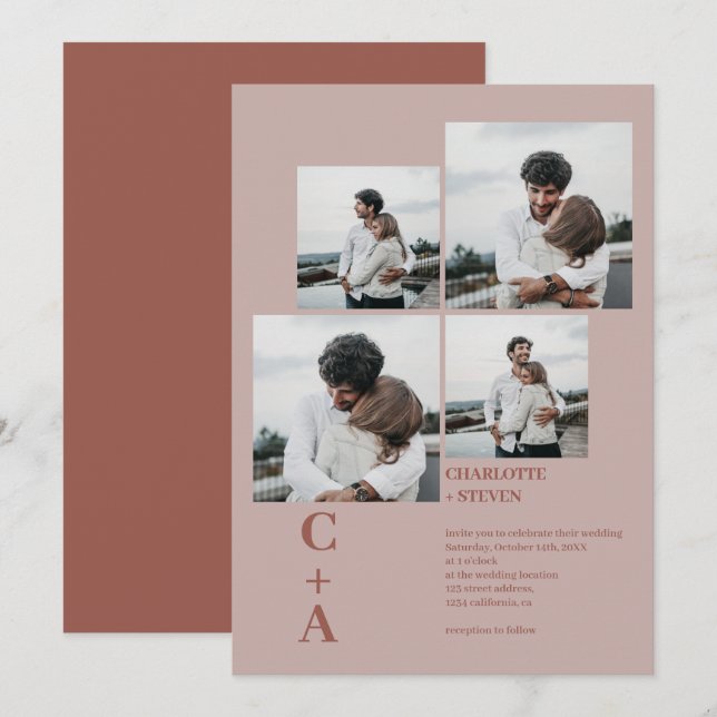 Convites Casamento com 4 fotos em grade de boho negro moder (Frente/Verso)