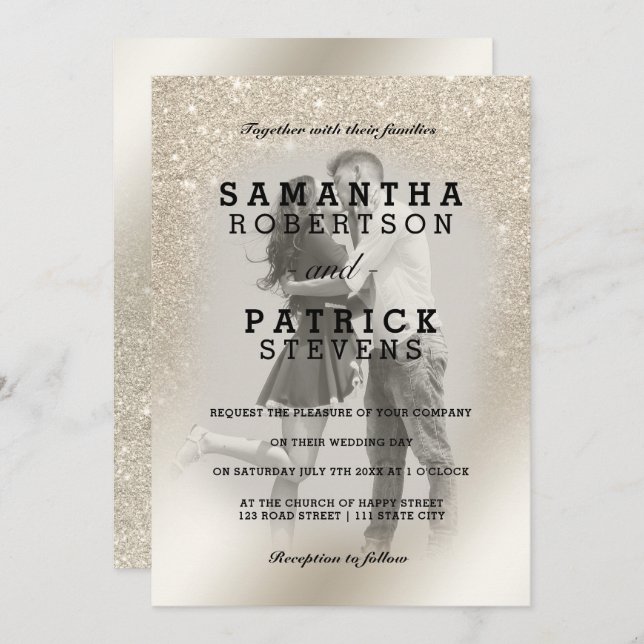 Convites casamento com a pérola marfim glitter ombre (Frente/Verso)