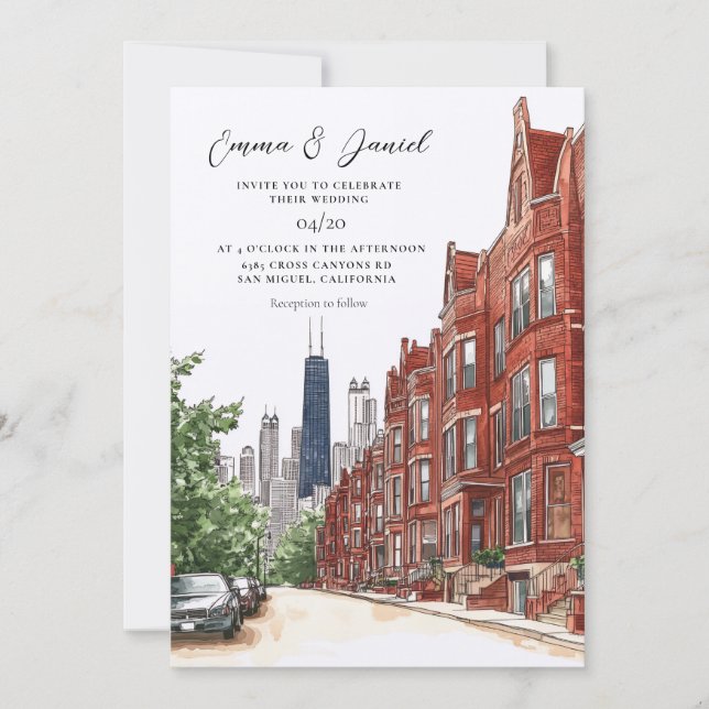 Convites Casamento com a Silhueta de Chicago (Frente)