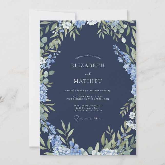Convites Casamento com Abraço Botânico Azul Marinho (Frente)