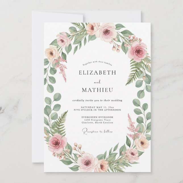 Convites Casamento com Abraço Botânico Rosa Bege (Frente)