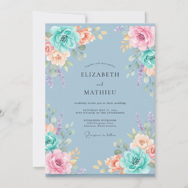 Convites Casamento com Abraço Floral Azul Turquesa Suave (Frente)