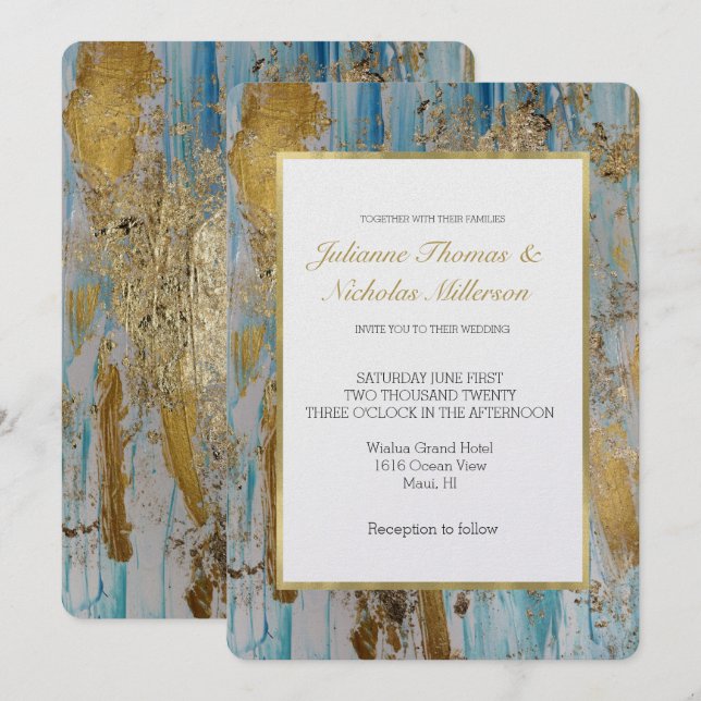 Convites Casamento com Abstrato Azul de Aqua (Frente/Verso)