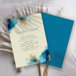 Convites Casamento com abstrato Azul e Dourada Aquarela