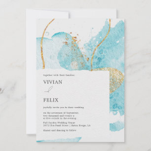 Convites Casamento com Abstrato de de Azul e Ouro de Luxo