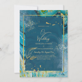 Convites Casamento com Abstrato de Pavock Blue Dourado INK