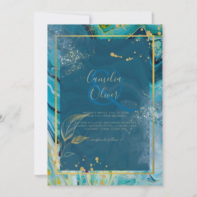 Convites Casamento com Abstrato de Pavock Blue Dourado INK (Frente)