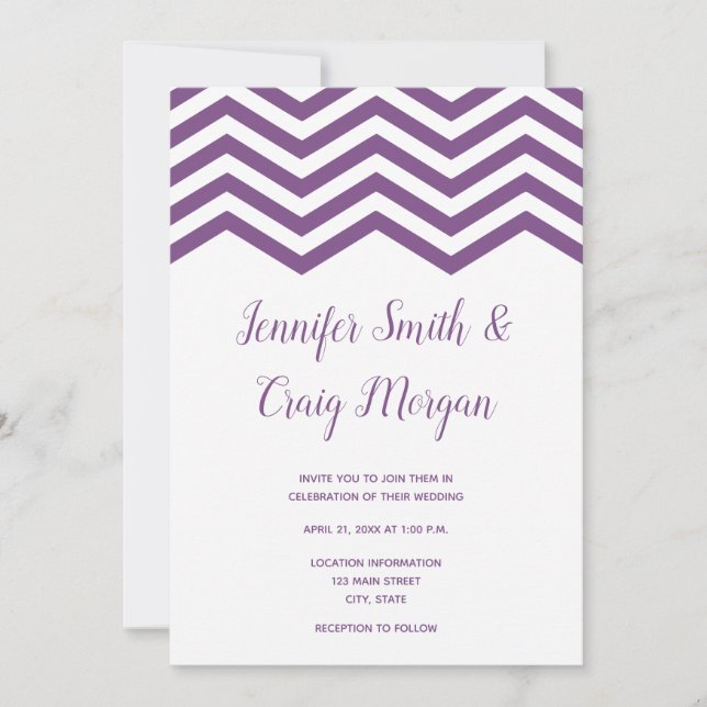 Convites Casamento com acabamento em Chevron Branco e Roxo (Frente)