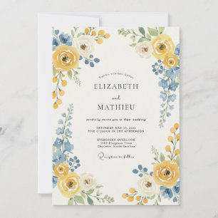 Convites Casamento com Acento Floral Azul Amarelo