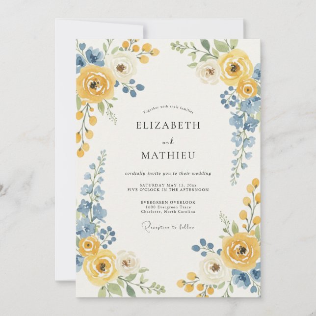 Convites Casamento com Acento Floral Azul Amarelo (Frente)